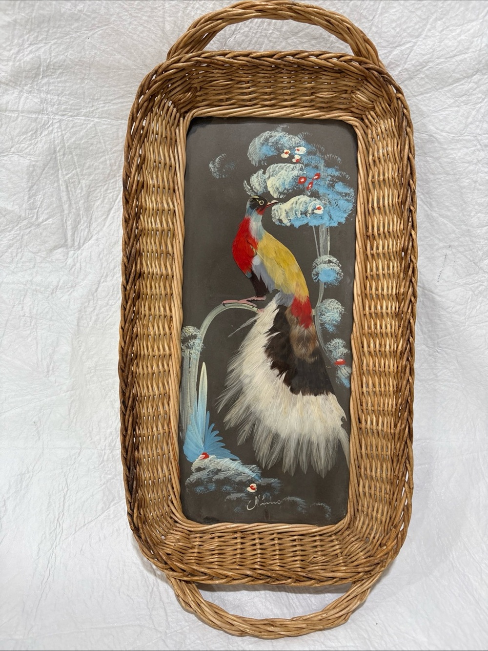 Vintage Bird Painting with Real Feathers Made in Mexico Wicker Tray Folk Art